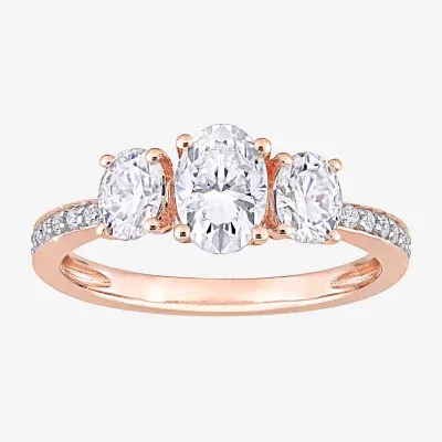 Womens Lab Created White Moissanite 10K Rose Gold 3-Stone Engagement Ring