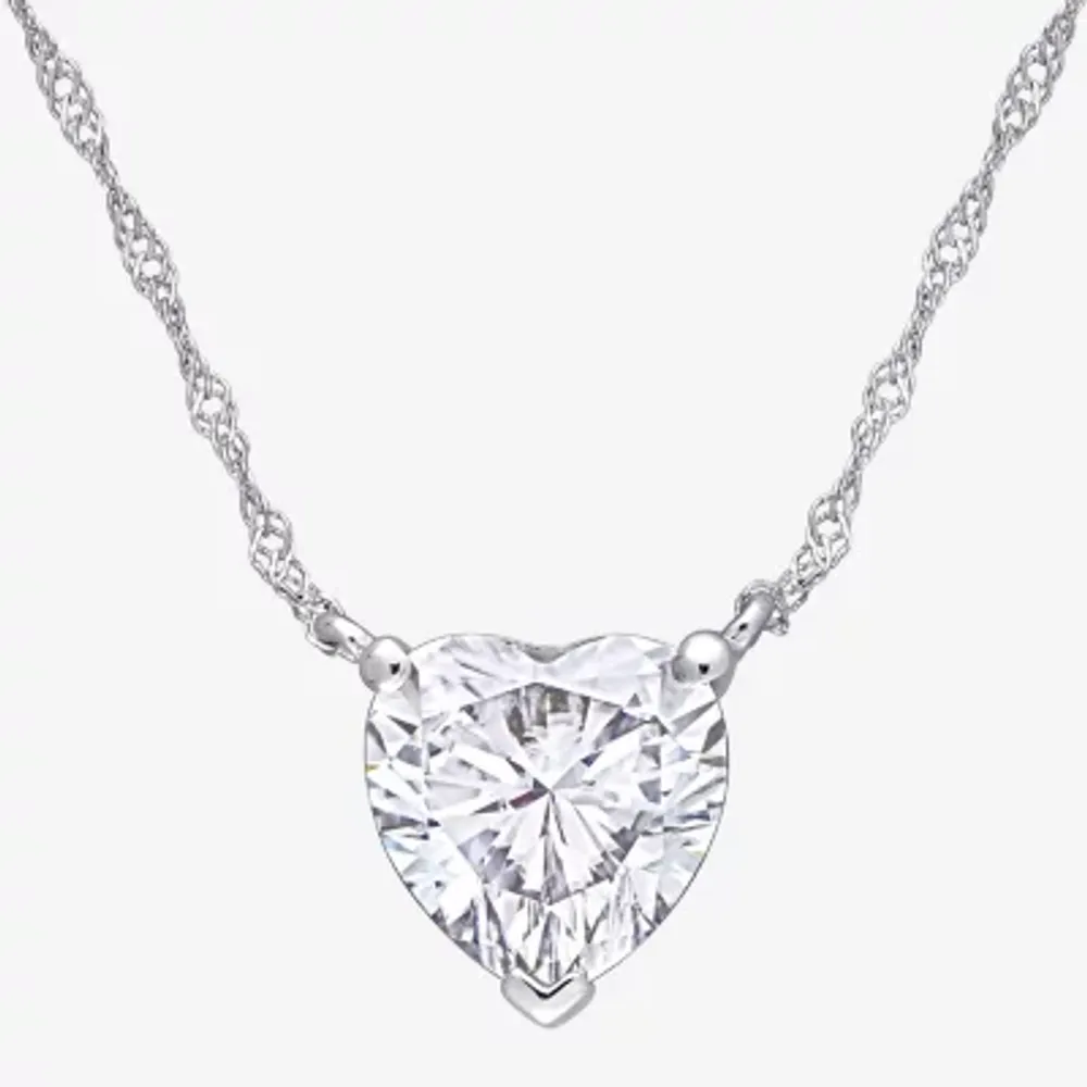 Womens Lab Created White Moissanite 10K White Gold Heart Pendant Necklaces