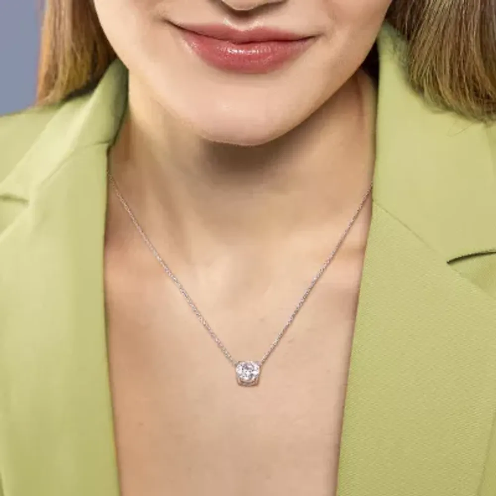 Womens Lab Created White Moissanite 14K White Gold Round Pendant Necklace