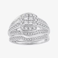 Womens 1 CT. T.W. Natural White Diamond 10K White Gold Cushion Bridal Set