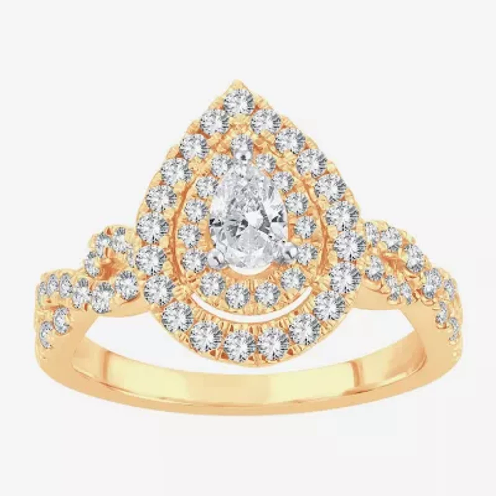 (H-I / I1) Womens 1 CT. T.W. Lab Grown White Diamond 10K Gold Pear Side Stone Crossover Engagement Ring