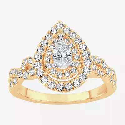 (H-I / I1) Womens 1 CT. T.W. Lab Grown White Diamond 10K Gold Pear Side Stone Crossover Engagement Ring