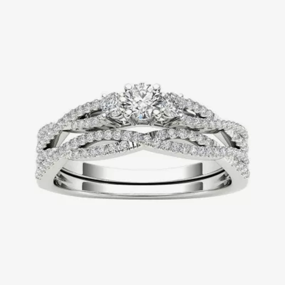 1/2 CT.T.W. Natural Diamond 14K Gold Crossover Bridal Ring Set