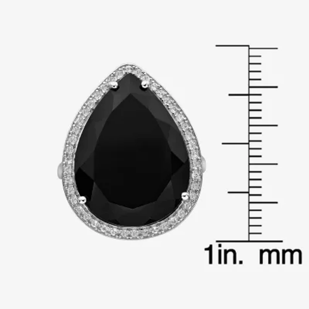 Womens Genuine Black Onyx Sterling Silver Pear Halo Cocktail Ring