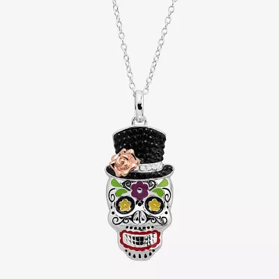 Womens Black Crystal Sterling Silver Skull Pendant Necklace