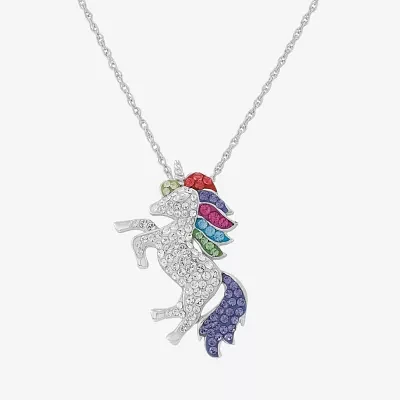 Unicorn Womens Multi Color Crystal Sterling Silver Pendant Necklace