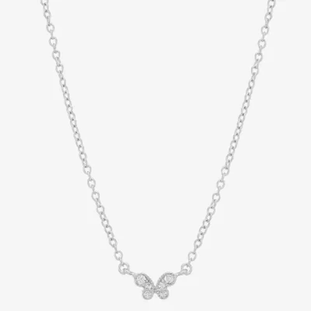 Womens Crystal Sterling Silver Butterfly Pendant Necklace