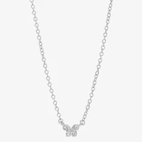 Womens Crystal Sterling Silver Butterfly Pendant Necklace