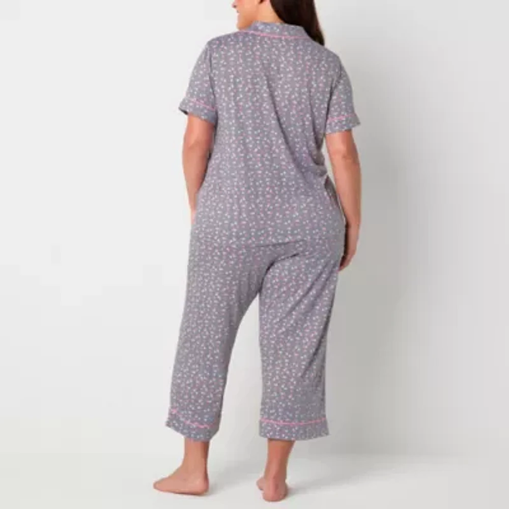 Jaclyn Womens Plus 2-pc. V-Neck Short Sleeve Capri Pajama Set