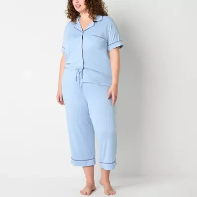 Jaclyn Womens Plus 2-pc. V-Neck Short Sleeve Capri Pajama Set