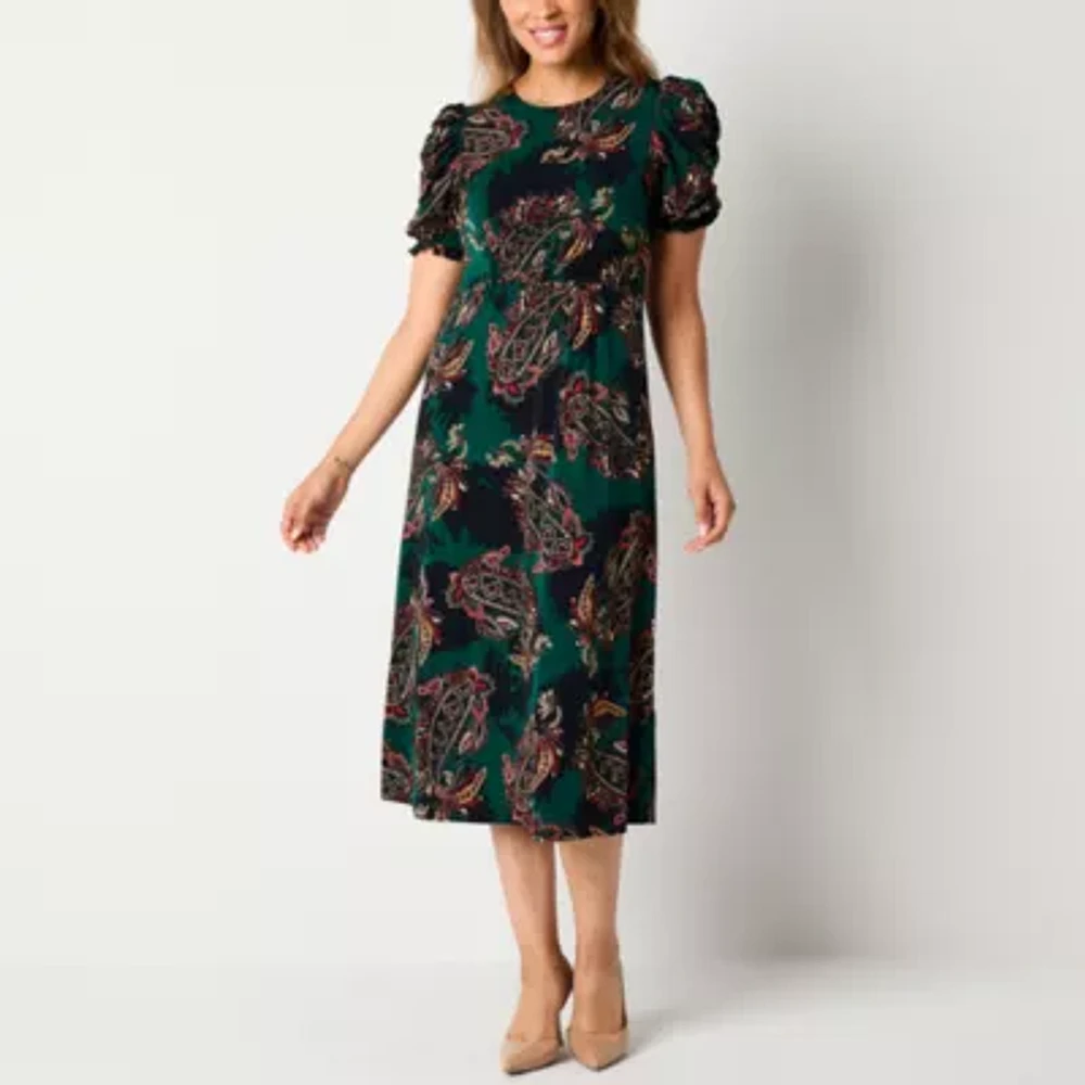 Jessica Howard Womens Short Sleeve Paisley Midi Fit + Flare Dress