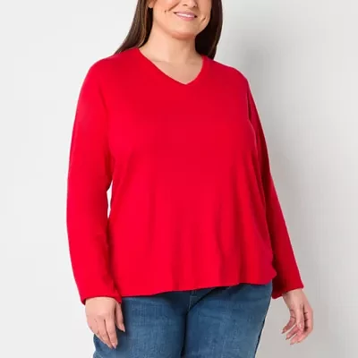 Liz Claiborne Womens Plus V Neck Long Sleeve T-Shirt