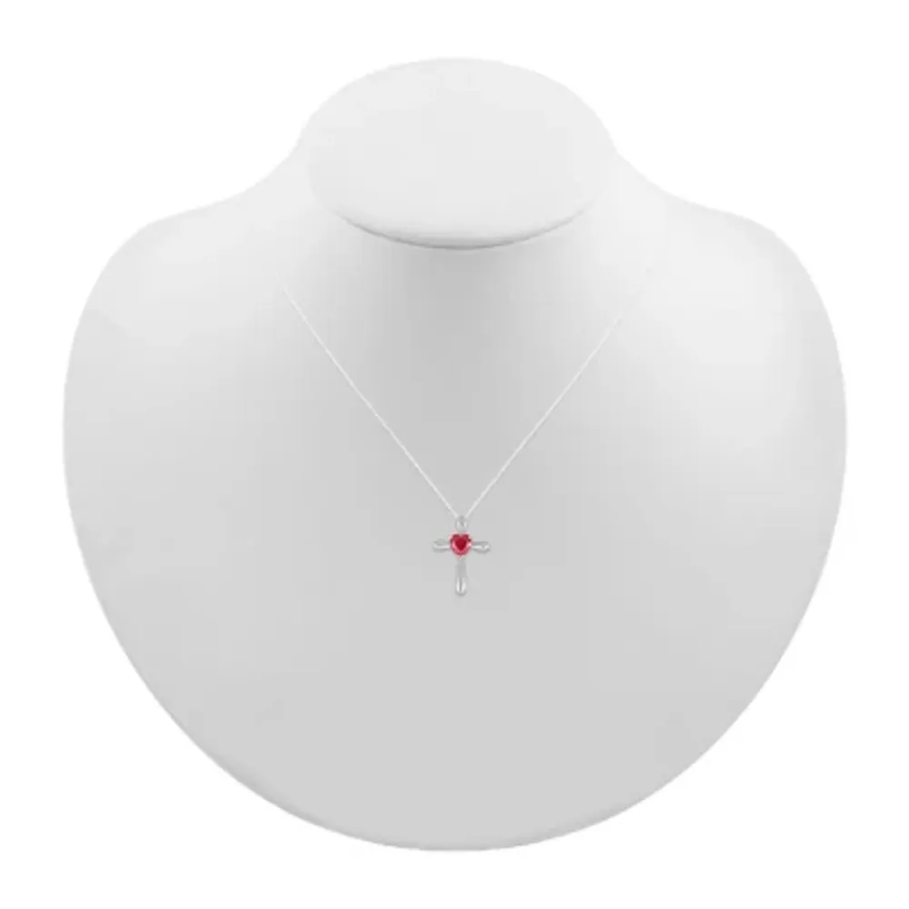 Womens Lab Created Red Ruby Sterling Silver Cross Pendant Necklace