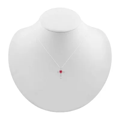 Womens Lab Created Red Ruby Sterling Silver Cross Pendant Necklace