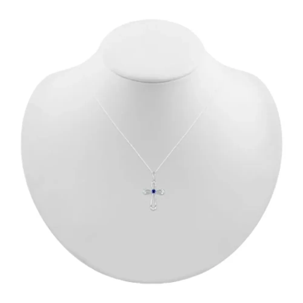 Womens Lab Created Sapphire Sterling Silver Cross Pendant Necklace