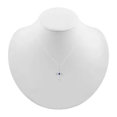 Womens Lab Created Sapphire Sterling Silver Cross Pendant Necklace