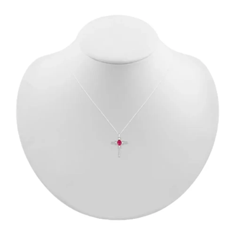 Womens Lab Created Red Ruby Sterling Silver Cross Pendant Necklace