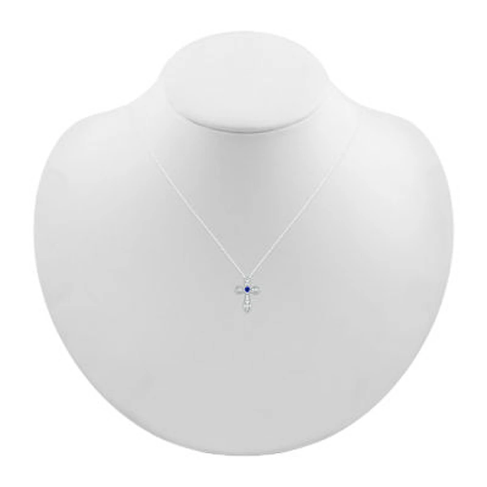 Womens Lab Created Blue Sapphire Sterling Silver Cross Pendant Necklace