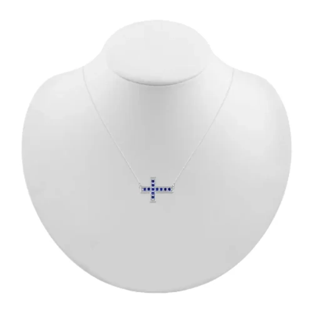 Sideways Womens Lab Created Sapphire Sterling Silver Cross Pendant Necklace