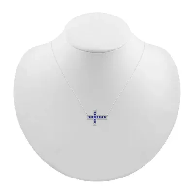 Sideways Womens Lab Created Sapphire Sterling Silver Cross Pendant Necklace