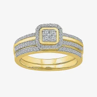 Womens 1/ CT. T.W. Natural White Diamond 10K Gold Cushion Side Stone Halo Bridal Set