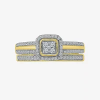 Womens 1/ CT. T.W. Natural White Diamond 10K Gold Cushion Side Stone Halo Bridal Set