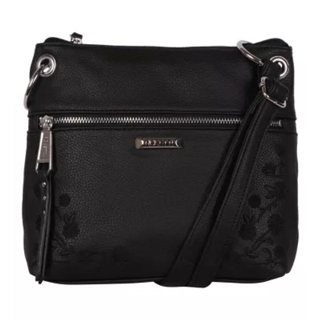 Rosetti Black Leather Purse Shoulder Handbag flower embossed embroidery  11x9.5