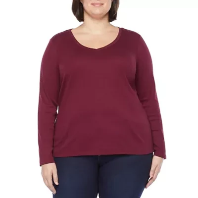 St. John's Bay Womens Plus V Neck Long Sleeve T-Shirt