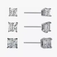 Silver Treasures 3 Pair Cubic Zirconia Square Earring Set