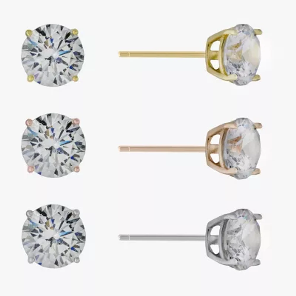 Silver Treasures Womens Cubic Zirconia Sterling Silver 3 Pair Earring Set