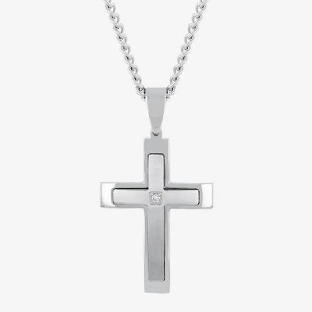 (G-H / I1) Mens Diamond Accent Lab Grown White Diamond Stainless Steel Cross Pendant Necklace