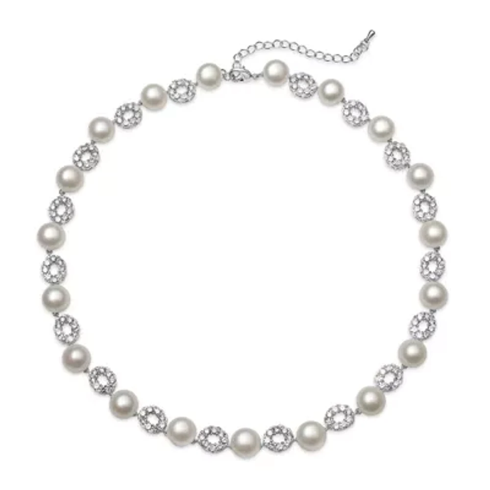 Cultured Freshwater Pearl and Cubic Zirconia Silver-Plated Necklace