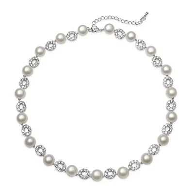 Cultured Freshwater Pearl and Cubic Zirconia Silver-Plated Necklace