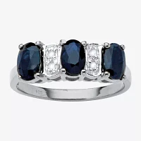 Womens Diamond Accent Genuine Blue Sapphire Platinum Over Silver Oval Cocktail Ring