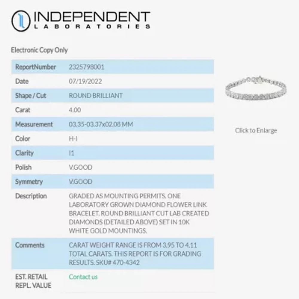 (H-I / I1) 4 CT. T.W. Lab Grown White Diamond 10K White Gold 7.25 Inch Tennis Bracelet