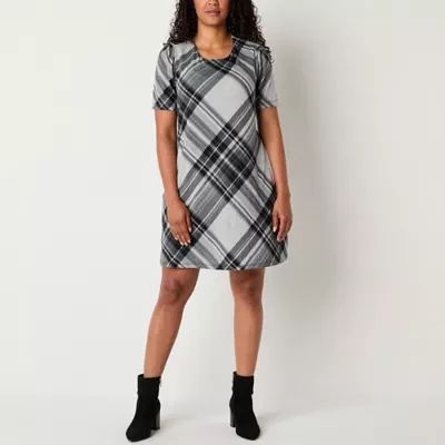 R & K Originals Womens Short Sleeve Plaid Shift Dress Petite