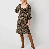 a.n.a Womens Long Sleeve Floral Midi A-Line Dress