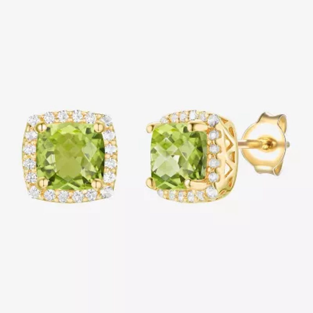 Genuine Green Peridot 14K Gold Over Silver 6.6mm Cushion Stud Earrings