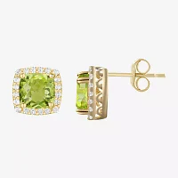 Genuine Green Peridot 14K Gold Over Silver 6.6mm Cushion Stud Earrings