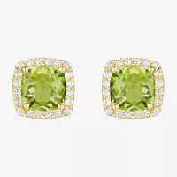 Genuine Green Peridot 14K Gold Over Silver 6.6mm Cushion Stud Earrings