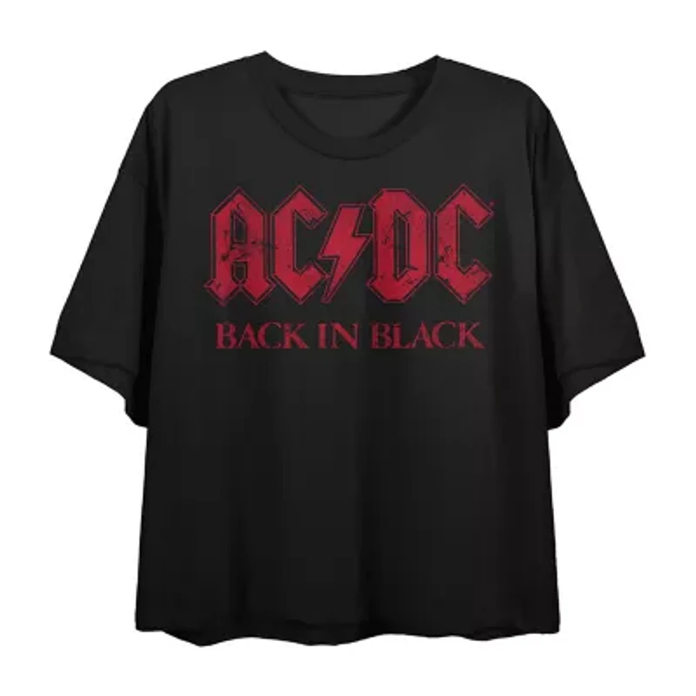 Juniors Acdc Back Black Cropped Tee Womens Crew Neck Short Sleeve Graphic T-Shirt