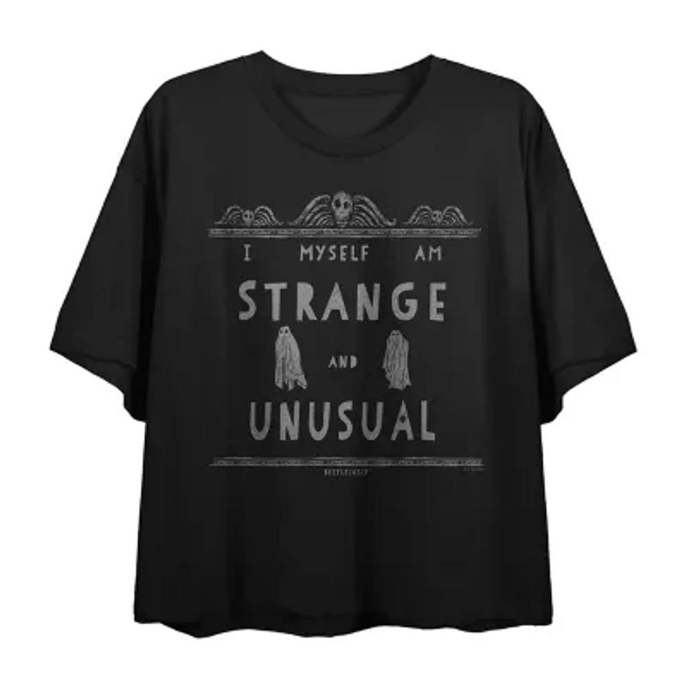 Juniors Beetlejuice I Myself Am Strange And Unusual Cropped Tee Womens Crew Neck Short Sleeve Graphic T-Shirt