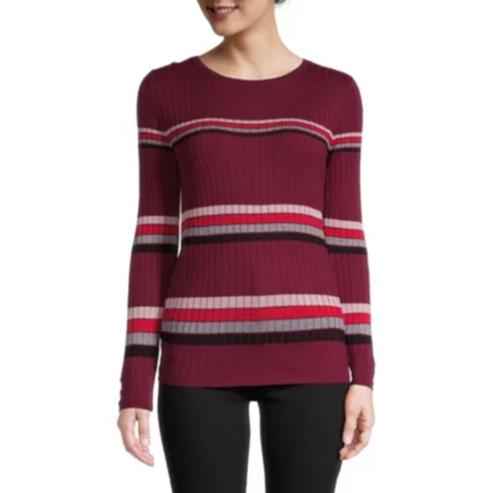 Liz Claiborne Womens Crew Neck Long Sleeve Striped Pullover Sweater