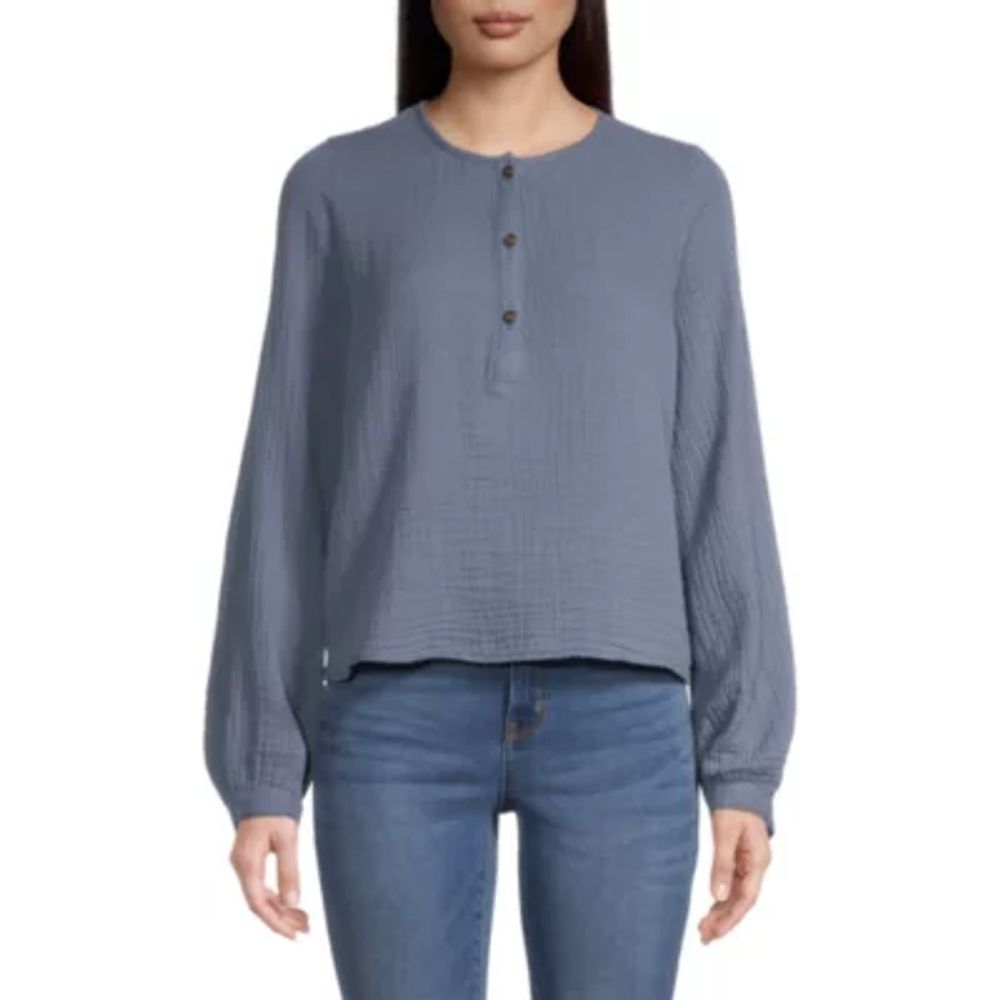 a.n.a Womens Henley Neck Long Sleeve Blouse