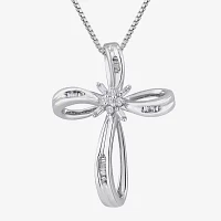 1/10 CT.T.W. Natural Diamond Sterling SIlver Ribbon-Style Cross Pendant Necklace