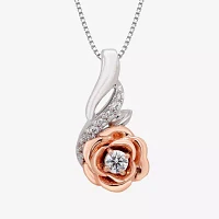 Enchanted Disney Fine Jewelry Womens 1/10 CT. T.W. Natural White Diamond 14K Rose Gold Over Silver Sterling Silver Flower Beauty and the Beast Belle Princess Pendant Necklace