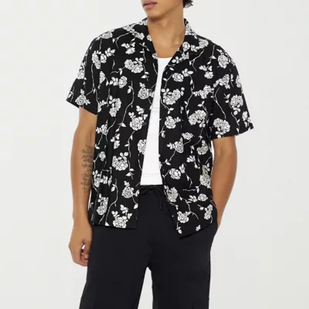 Forever 21 Ss Woven Mens Regular Fit Short Sleeve Floral Button-Down Shirt