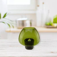 9.75'' Transparent Olive Green Glass Candle Holder with Wooden Base