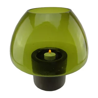 9.75'' Transparent Olive Green Glass Candle Holder with Wooden Base