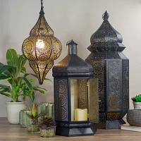 21.5'' Black and Gold Moroccan Style Pillar Candle Table Lantern